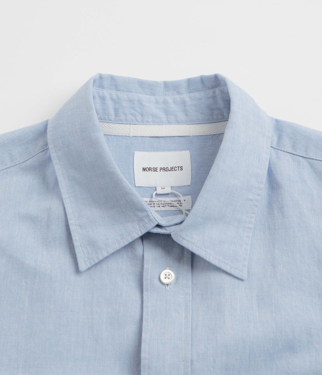 Norse Projects Ivan Relaxed Cotton Linen Short Sleeve Shirt - Pale Blue