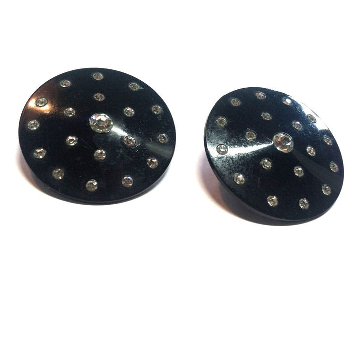 Oversized Black Lucite Concave Disc Clip Earrings w/ Clear Rhinestones circa 1950s
