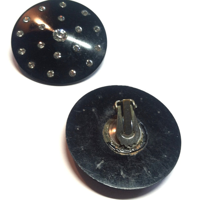 Oversized Black Lucite Concave Disc Clip Earrings w/ Clear Rhinestones circa 1950s