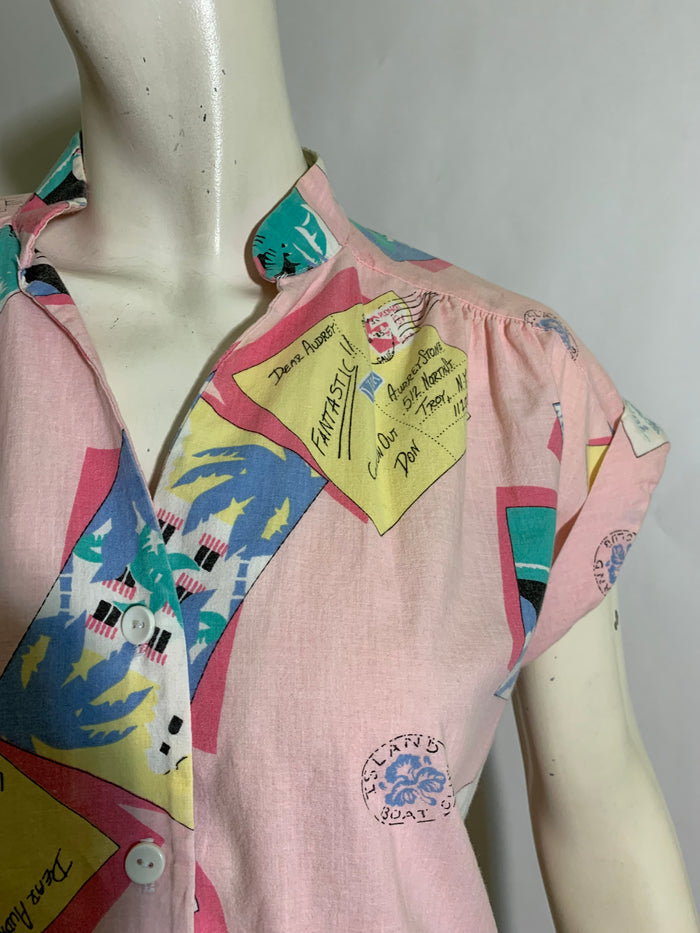 Pastel Pink Post Card Print Cotton Blouse circa 1980s