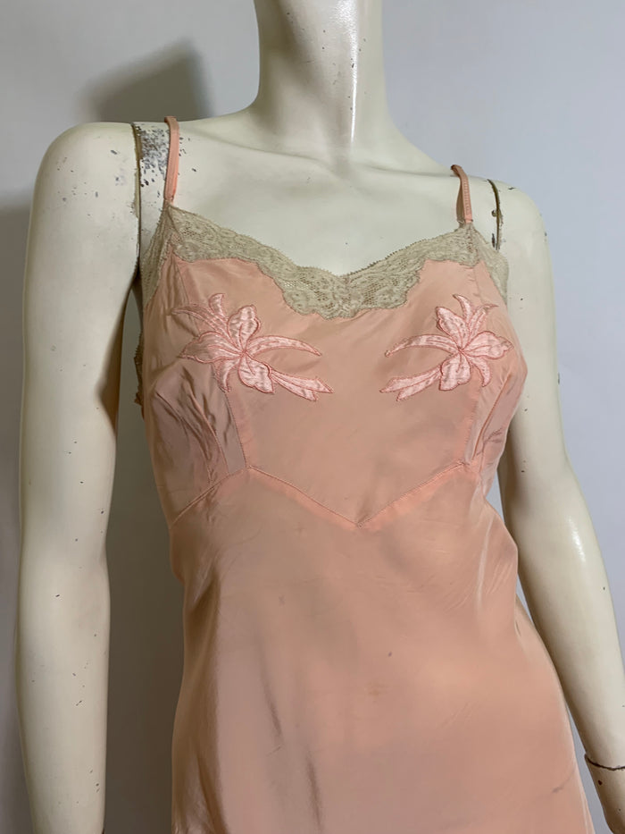 Peach Embroidered & Lace Trimmed Full Slip circa 1940s