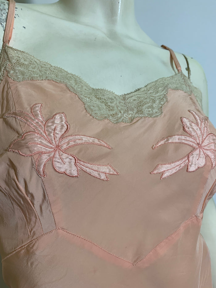 Peach Embroidered & Lace Trimmed Full Slip circa 1940s