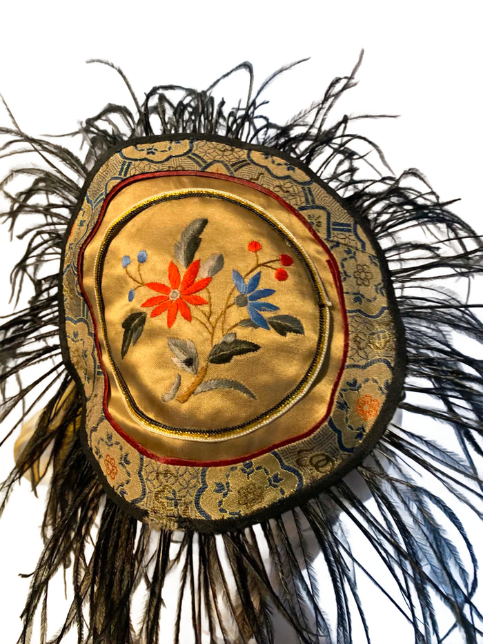 Peiping Station- the Antique Embroidered Asian Silk Textile and Feathers Fascinator Hat