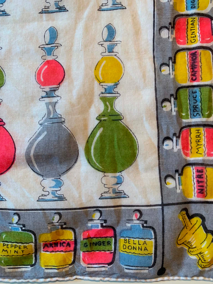 Pharmacist Themed Novelty Print Cotton Handkerchief circa 1950s