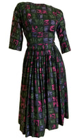 Pink and Green Abstract Print Cotton Dress with Full Skirt circa 1960s