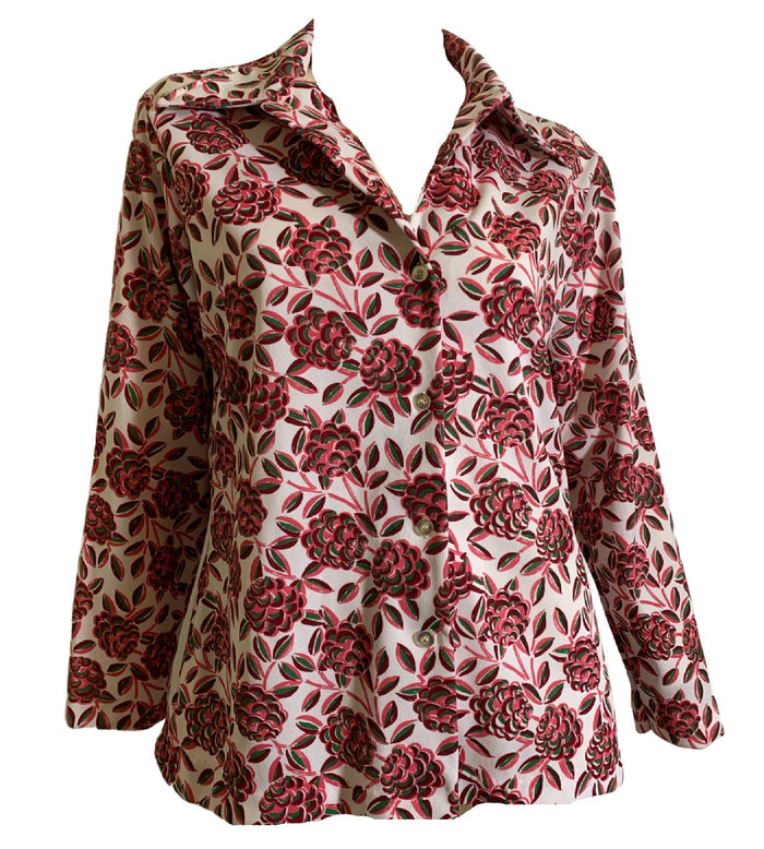 Pink & Green Floral Print Poly Blouse circa 1970s