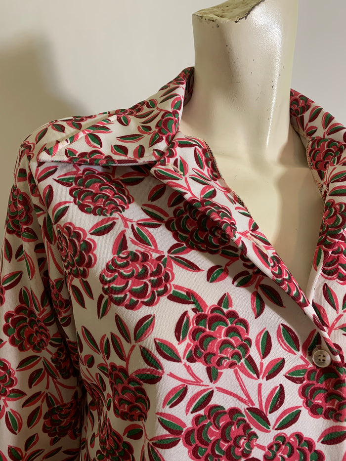Pink & Green Floral Print Poly Blouse circa 1970s