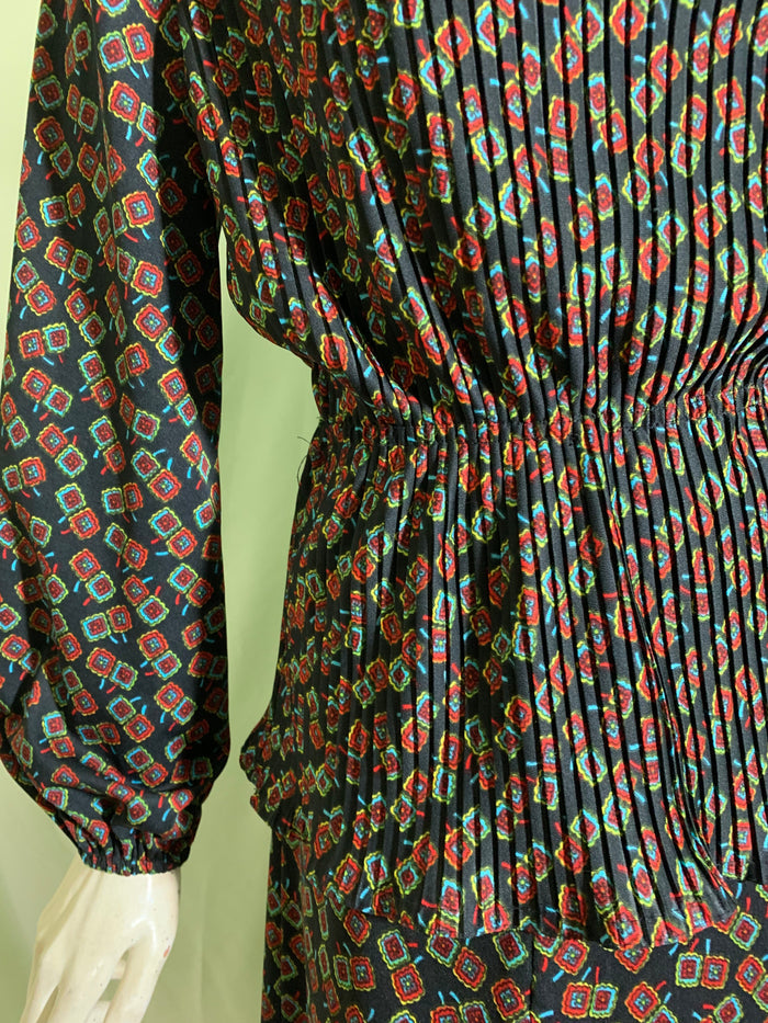 Pleated Blouson Top and Skirt 2 pc Dress circa 1970s