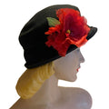 Red Poppy Trimmed Black Wool Hat circa 1940s