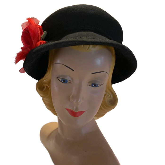 Red Poppy Trimmed Black Wool Hat circa 1940s