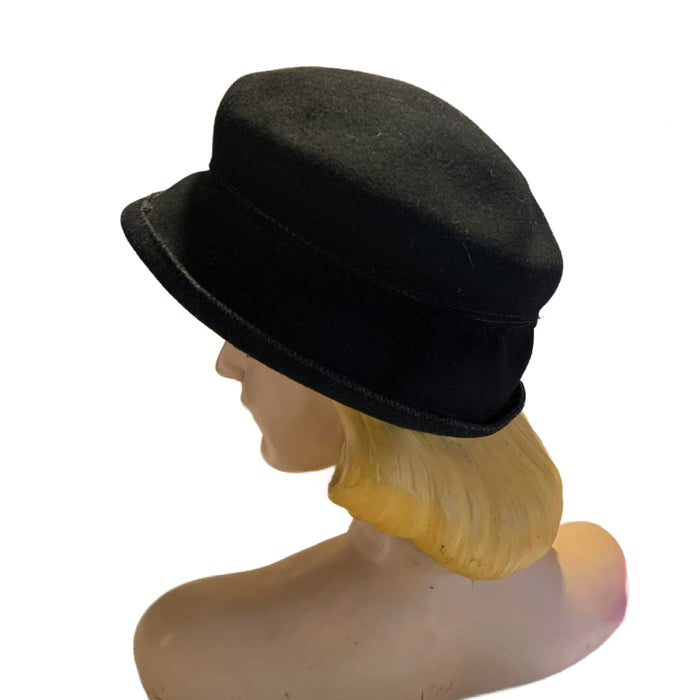 Red Poppy Trimmed Black Wool Hat circa 1940s