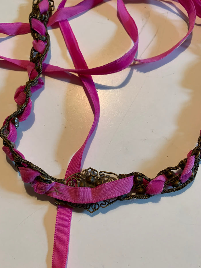 Rhinestone and Faux Pearl Metal Headpiece or Necklace Pink Ribbon