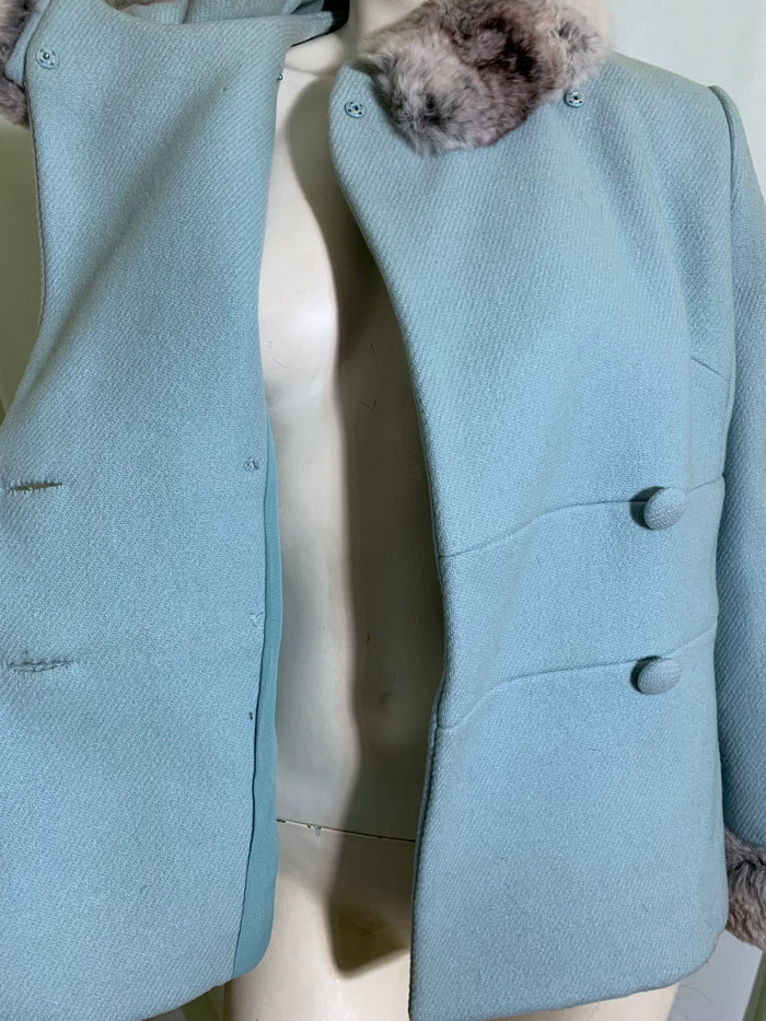 Robin's Egg Blue Wool Boxy Cut Jacket Chinchilla Fur Collar and Cuffs circa 1960s