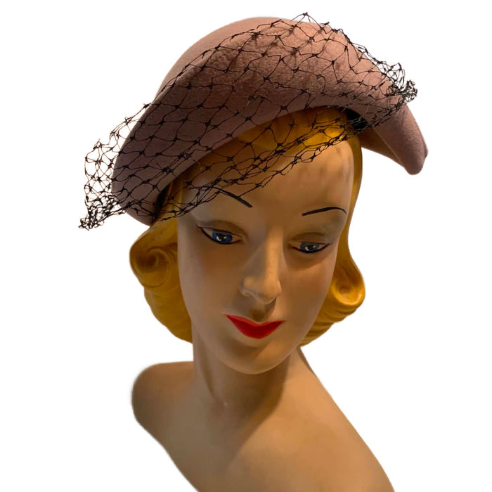 Rose Tan Angled Asymmetrical Fedora Hat with Veil circa 1940s