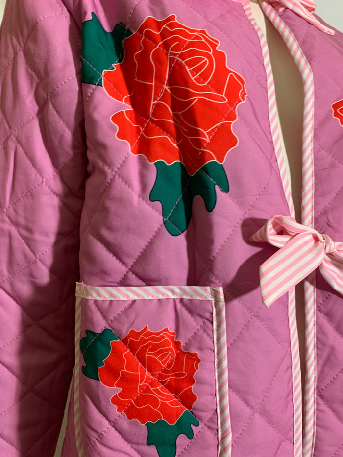 Roses are Red Pink Quilted Jacket with Roses and Gingham Ties Modern