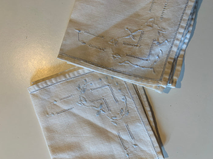 Set 2 White Handkerchiefs Light Blue Embroidery circa 1940s
