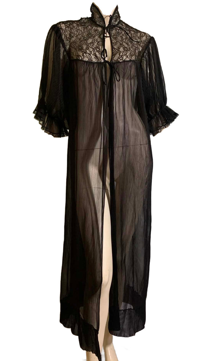 Sheer Black Pleated Chiffon Robe Lace Trim circa 1960s