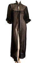 Sheer Black Pleated Chiffon Robe Lace Trim circa 1960s