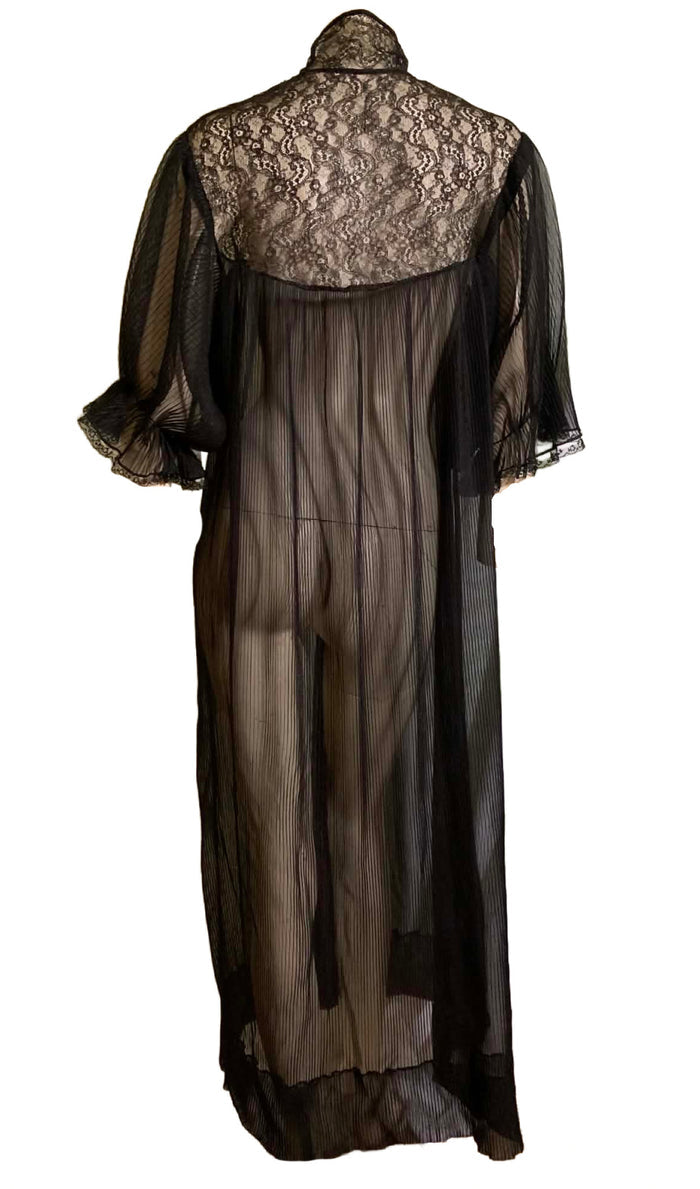 Sheer Black Pleated Chiffon Robe Lace Trim circa 1960s