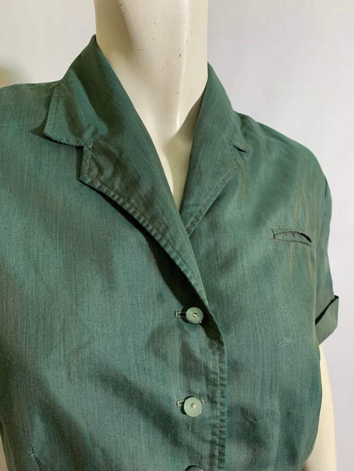 Shot Silk Iridescent Green Shirtwaist Dress circa 1960s