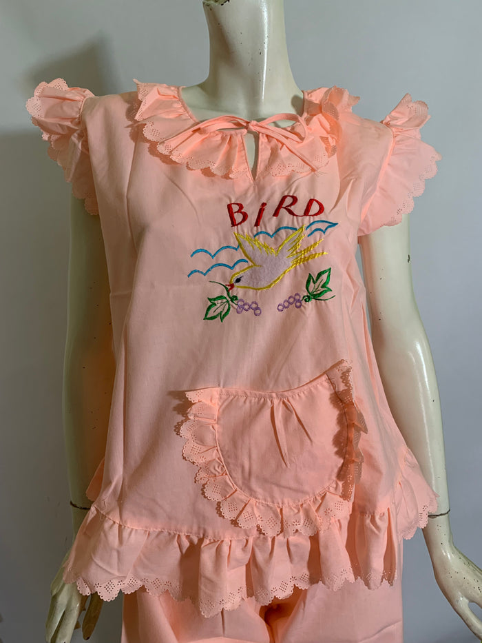 Souvenir Style Bird Embroidered Peach Cotton 1930s Style Pajama Set circa 1980s