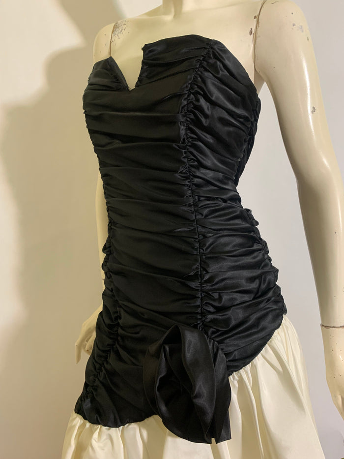 Strapless Ruched Bodice Party Dress with Lace Trimmed Asymmetrical Skirt circa 1980s