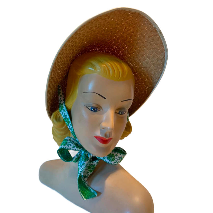 Straw Bonnet with Barbie Pink Chiffon Scarf Strap circa 1970s