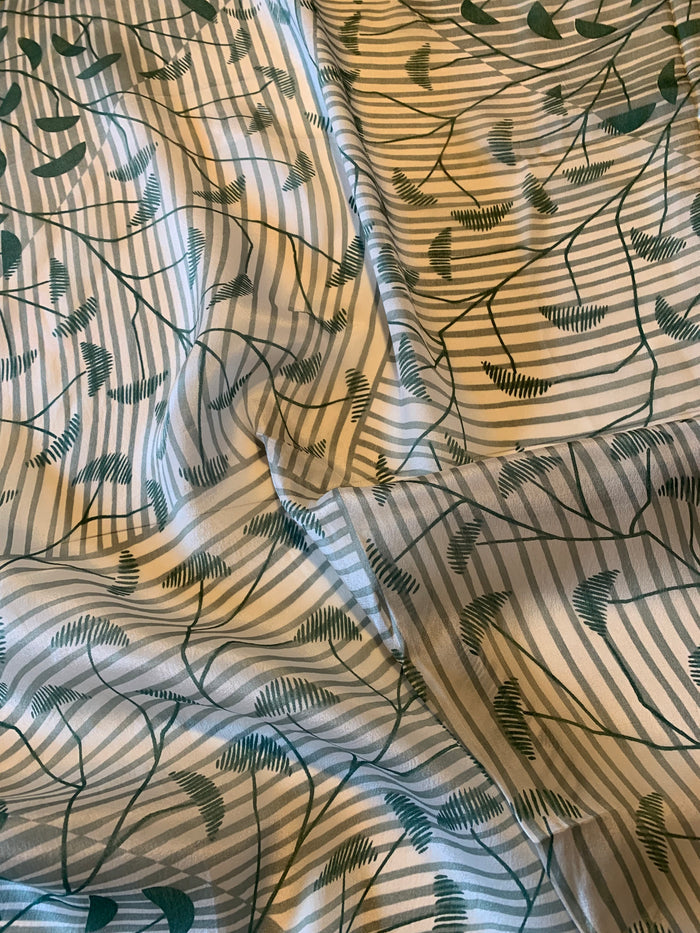 Stylized Green Leaf Print Square Scarf circa 1970s