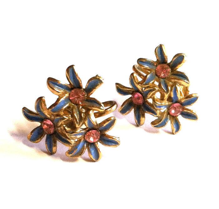Sweet Pink Rhinestone Blue Enameled Flower Screwback Clip Earrings circa 1950s Dorothea's Closet Vintage Jewelry