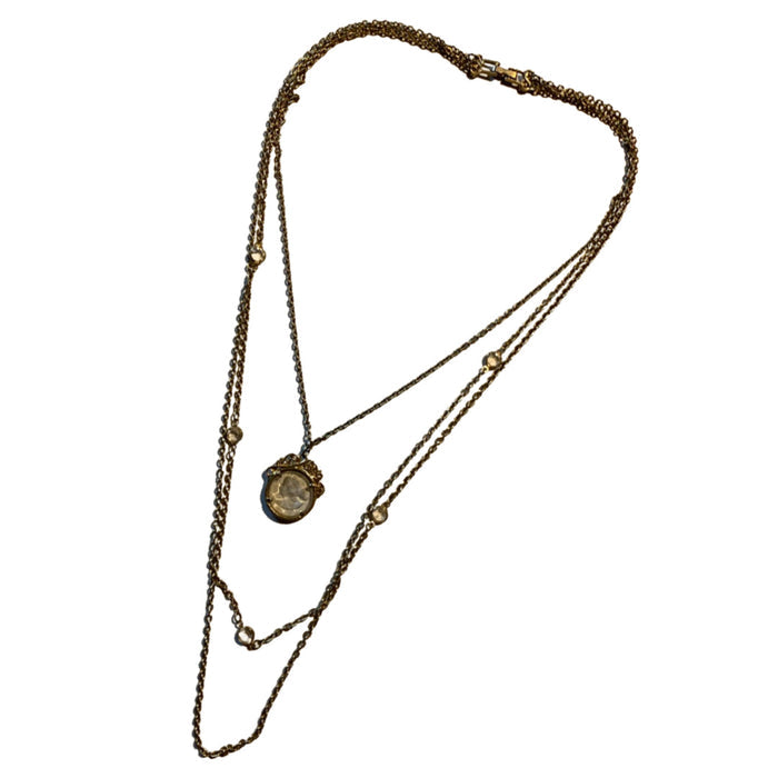Victorian Revival Triple Chain Necklace with Crystals and Woman's Face Pendant circa 1950s