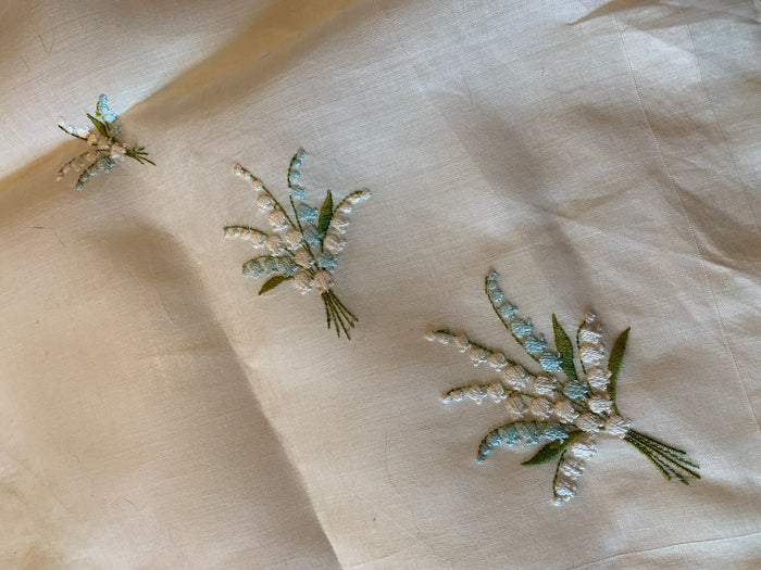 White Cotton Handkerchief with Lily of the Valley Embroidery circa 1960s