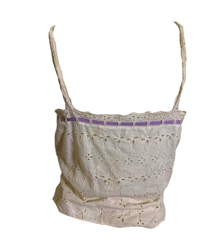 White Eyelet Cotton Bodice Cover Camisole with Lavender Ribbon circa 1910s