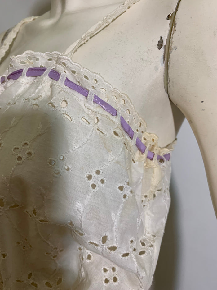 White Eyelet Cotton Bodice Cover Camisole with Lavender Ribbon circa 1910s