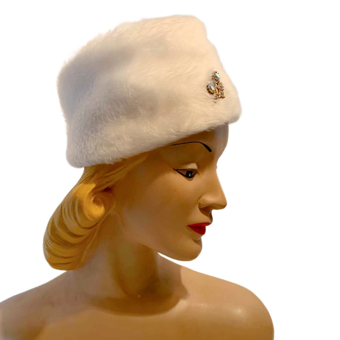Winter Whit Faux Fur Fez Style Hat with Rhinestones circa 1960s