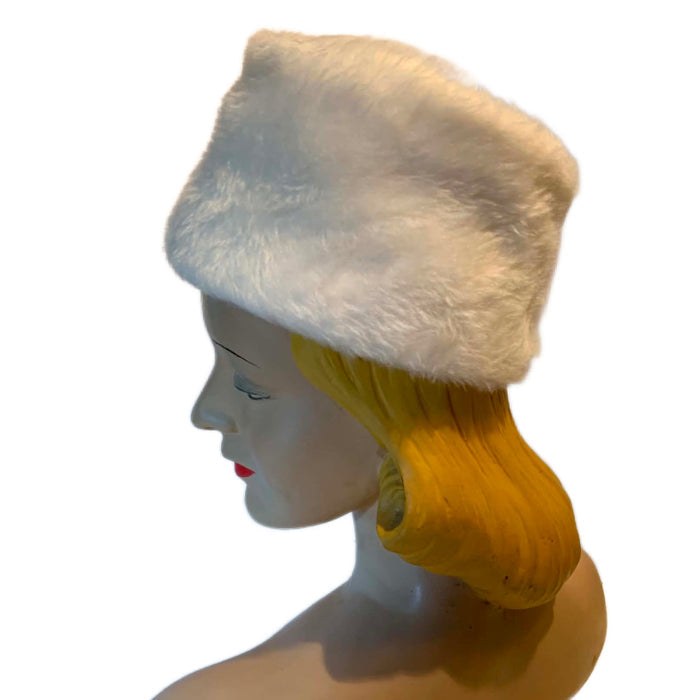 Winter Whit Faux Fur Fez Style Hat with Rhinestones circa 1960s